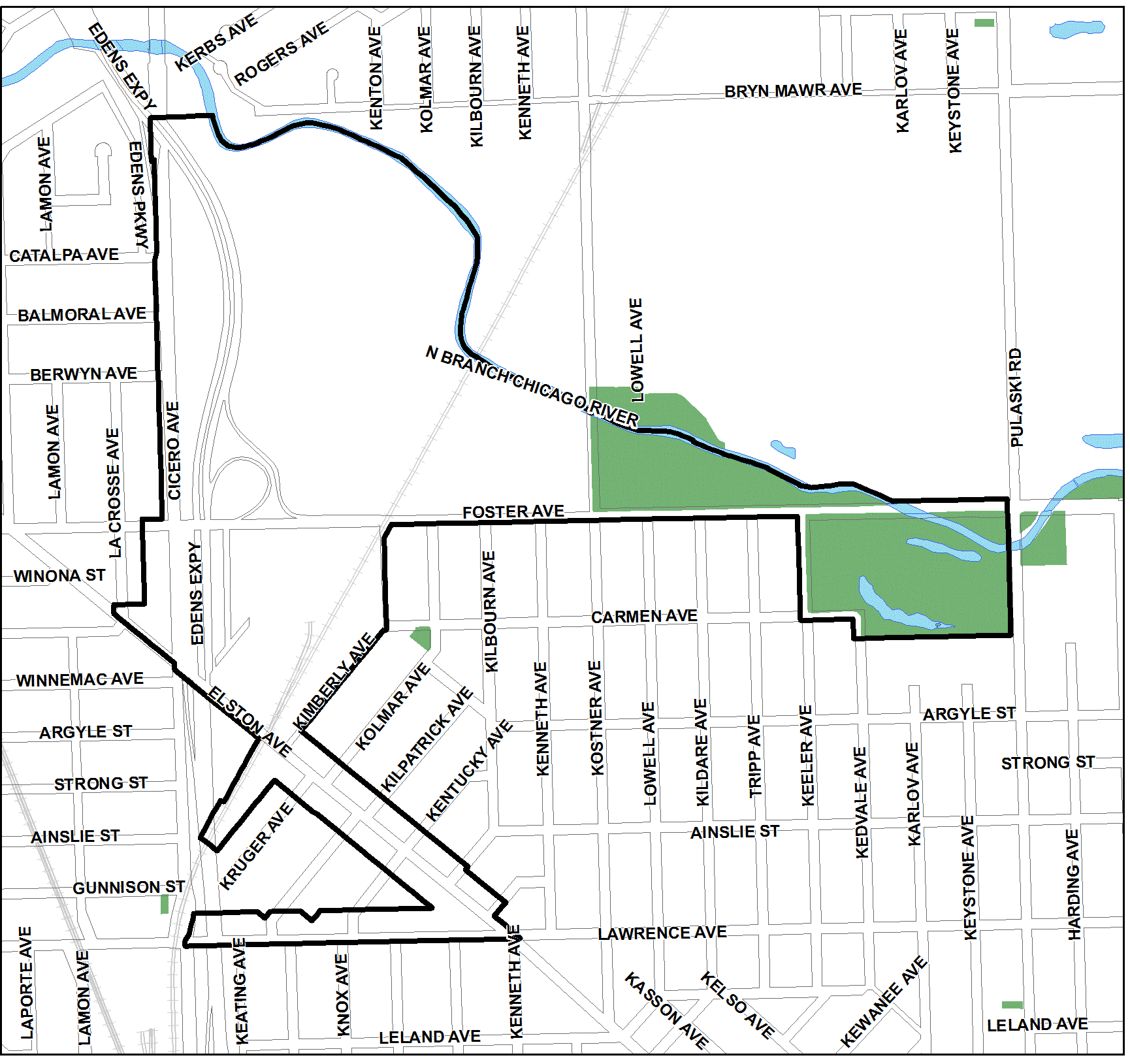 Foster/Edens TIF district, roughly bounded on the north by the North Branch Chicago River, Pulaski Road on the east, Lawrence and Foster avenues on the south, and Cicero Avenue on the west.